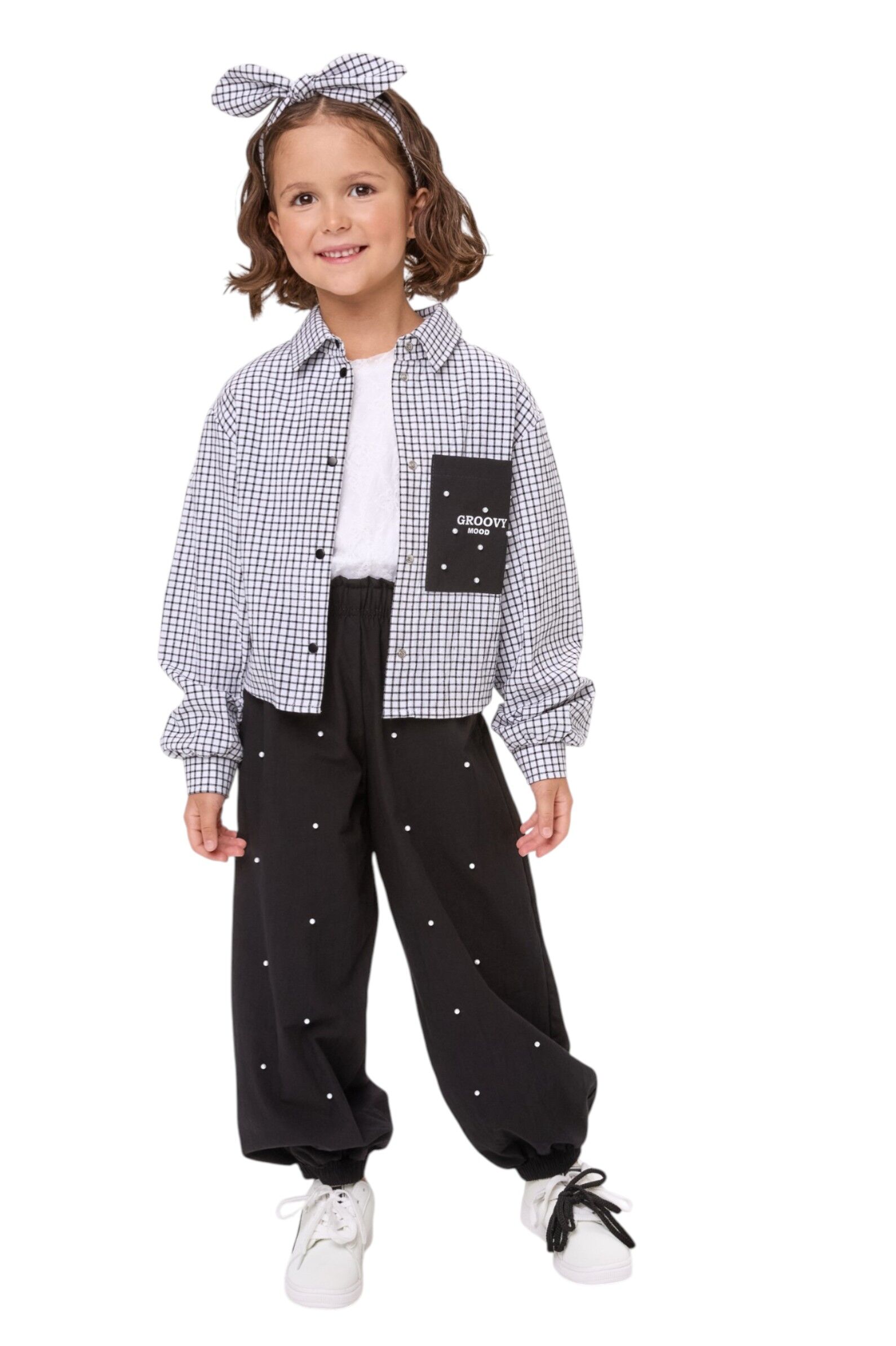 Рубашка дев. АРТ.261057,бел-чер,хл-пэ