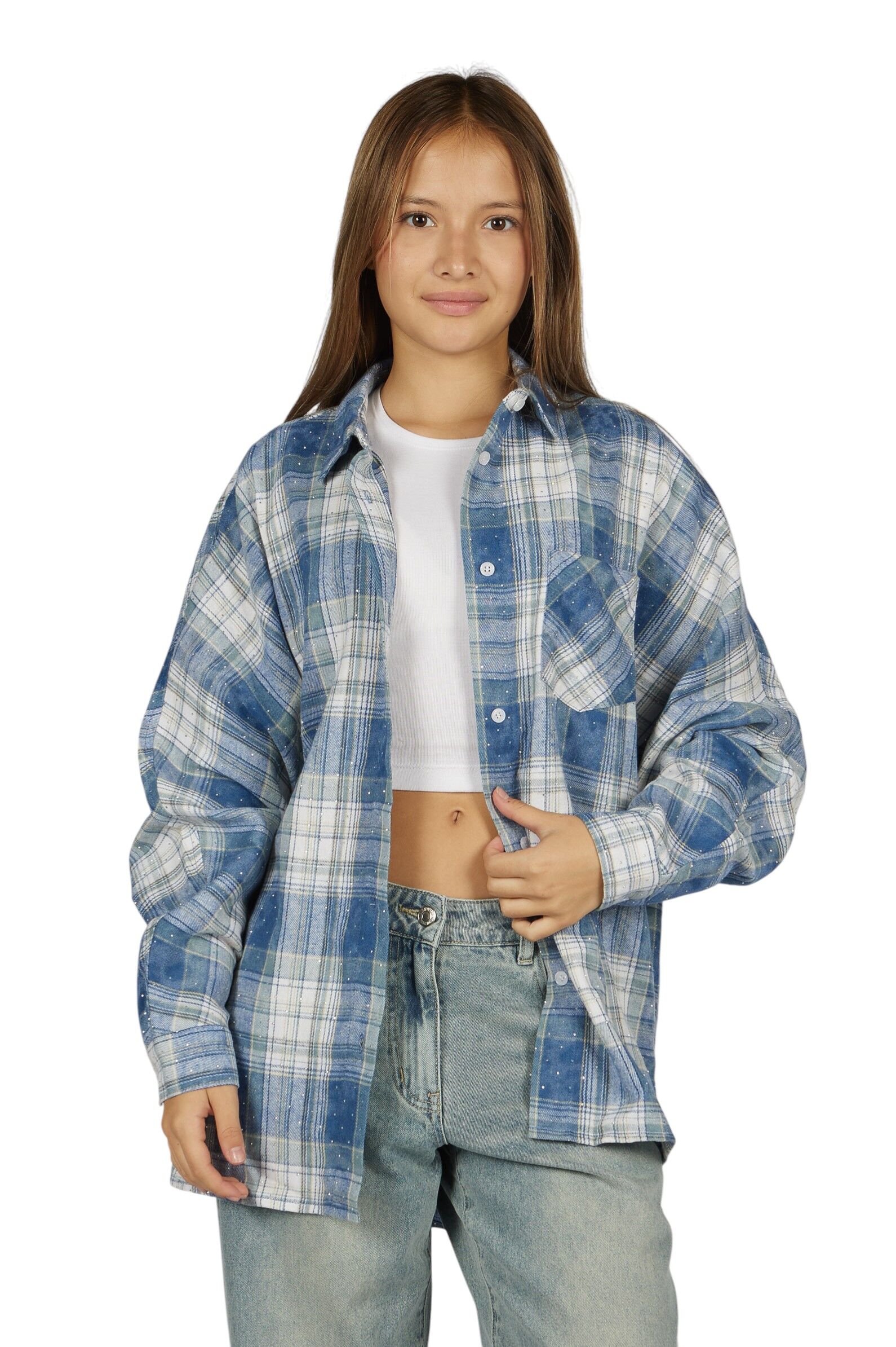 Рубашка дев. АРТ.G-SH26028,син-бел,хл-пэ