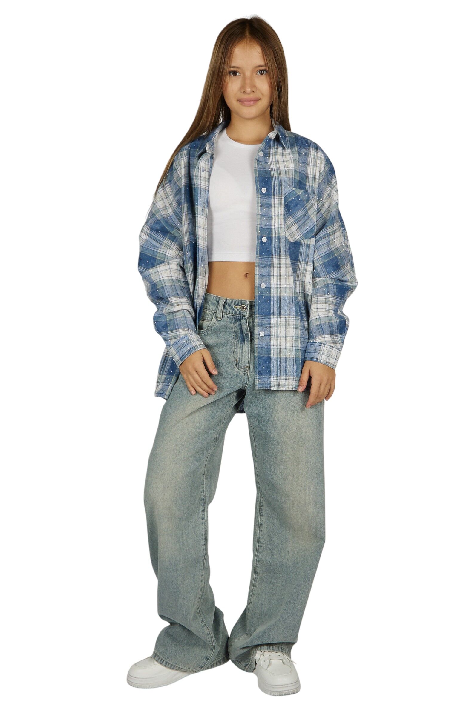 Рубашка дев. АРТ.G-SH26028,син-бел,хл-пэ